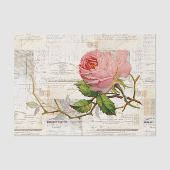 Pink Rose Vintage French Writing Tissue Paper (Front)