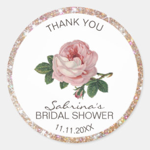 Pink Rose Vintage Gold Glitter Bridal Shower Classic Round Sticker