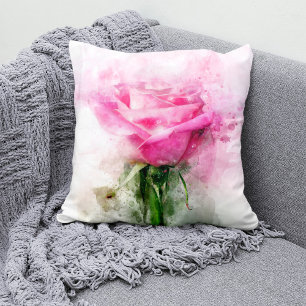 Pink Rose Watercolor Art on White Background Cushion