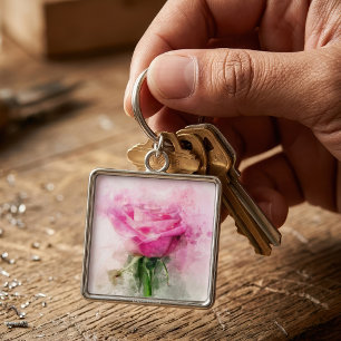Pink Rose Watercolor Art on White Background Key Ring