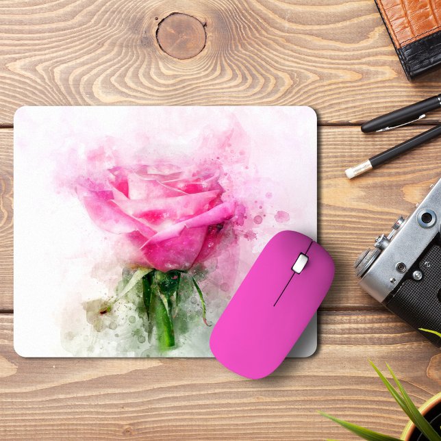Pink Rose Watercolor Art on White Background Mouse Pad (Pink Rose Watercolor Art on White Background. Mouse Pad)