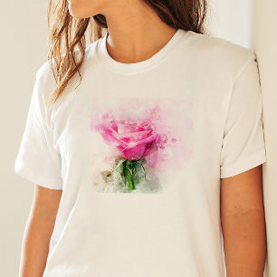 Pink Rose Watercolor Art on White Background T-Shirt