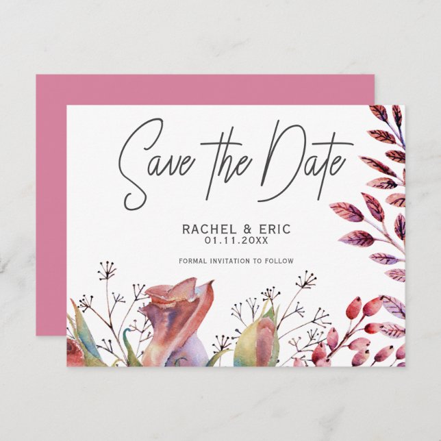 Pink Rose Watercolor Floral Save the Date Card (Front/Back)