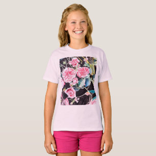 Pink Rose Watercolor Flowers Floral Painting T-Shirt