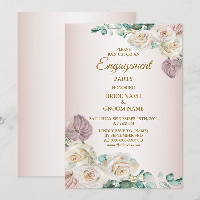 Pink Rose Watercolor Greenery Golden Engagement Invitation (Front/Back)