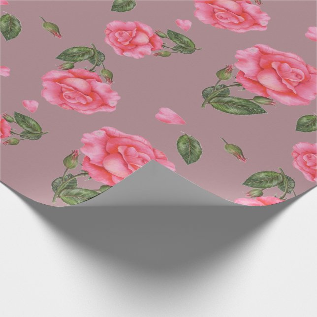 Pink Rose Watercolor Illustration Floral Art Wrapping Paper (Corner)