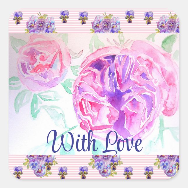 Pink Rose Watercolor Lilac Pink With Love Square Sticker (Front)
