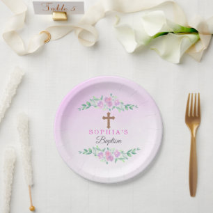 Pink Rose Watercolor Ombre Cross Baptism Custom Paper Plate