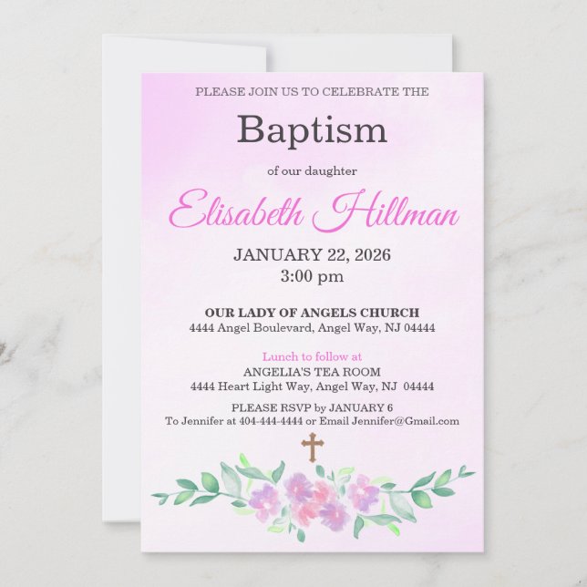 Pink Rose Watercolor Ombre Cross Baptism Invitation (Front)