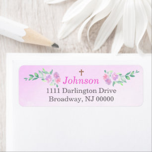Pink Rose Watercolor Ombre Cross Return Address Label