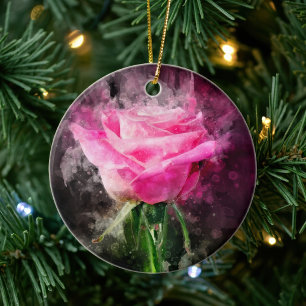 Pink Rose Watercolor on Black Background Ceramic Ornament