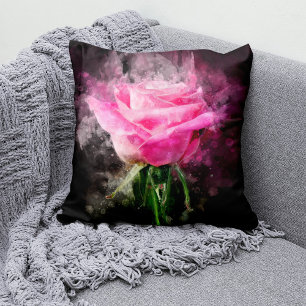Pink Rose Watercolor on Black Background Cushion