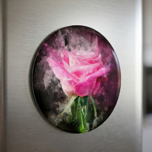 Pink Rose Watercolor on Black Background Magnet