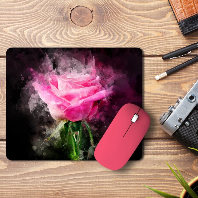 Pink Rose Watercolor on Black Background Mouse Pad (Pink Rose Watercolor on Black Background. Mouse Pad)