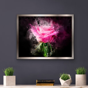 Pink Rose Watercolor on Black Background Photo Print
