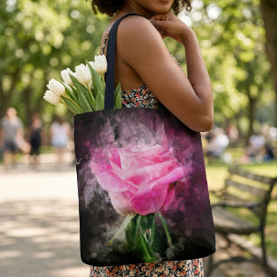 Pink Rose Watercolor on Black Background Tote Bag