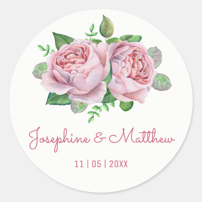 Pink Rose Watercolor Wedding Stickers (Front)