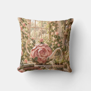 Pink Rose Watering Can Romantic Cottage Garden Cushion