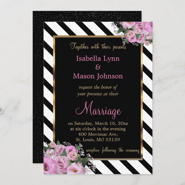 Pink Rose Wedding Black & White Stripe Invitation (Front/Back)