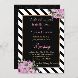 Pink Rose Wedding Black & White Stripe Invitation