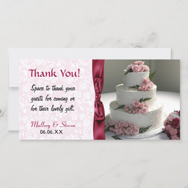 Pink Rose Wedding Cake Thank You Card (Front)