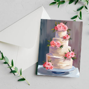 Pink Rose Wedding Cake Watercolor Wedding Card
