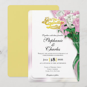 Pink Rose Wedding Invitation - Gold Lettering 1