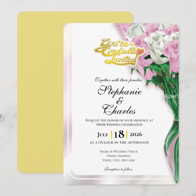 Pink Rose Wedding Invitation - Gold Lettering 1 (Front/Back)