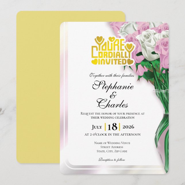 Pink Rose Wedding Invitation - Gold Lettering 4 (Front/Back)