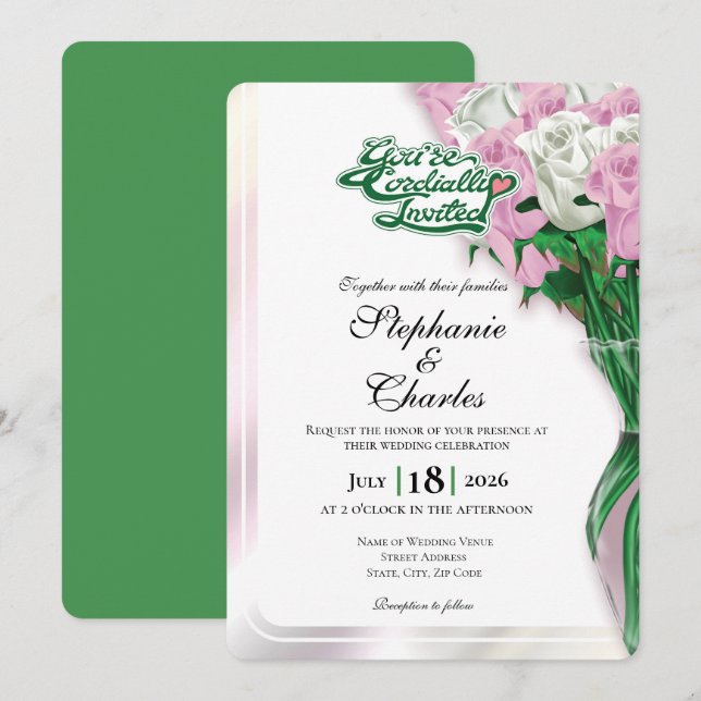 Pink Rose Wedding Invitation - Green Lettering 1 (Front/Back)