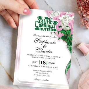 Pink Rose Wedding Invitation - Green Lettering 4
