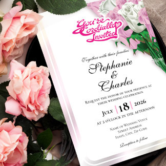 Pink Rose Wedding Invitation - Pink Lettering 2