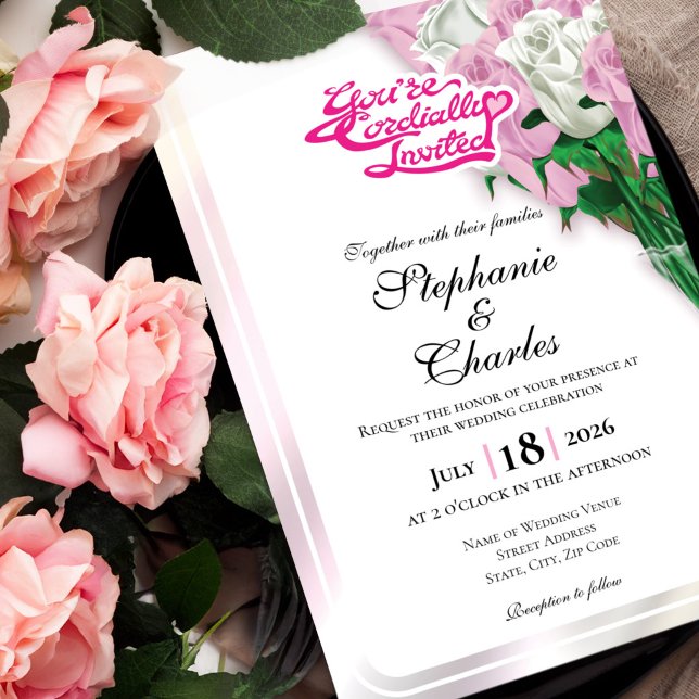 Pink Rose Wedding Invitation - Pink Lettering 2 (Pink and White roses in vase wedding invite design with pink heading)