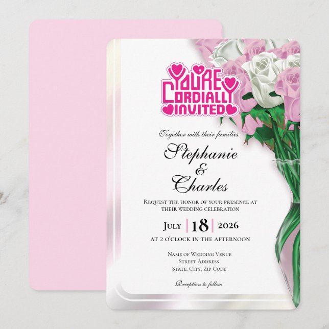 Pink Rose Wedding Invitation - Pink Lettering 3 (Front/Back)
