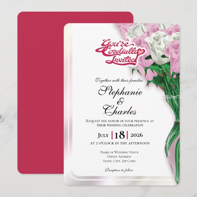 Pink Rose Wedding Invitation - Red Lettering 2 (Front/Back)