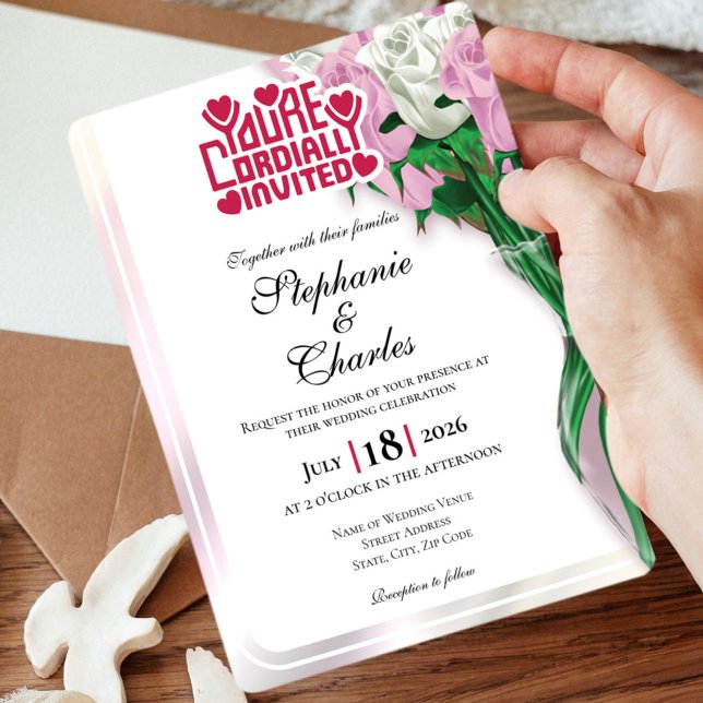 Pink Rose Wedding Invitation - Red Lettering 4 (Pink and White roses in vase wedding invite design with red heading)