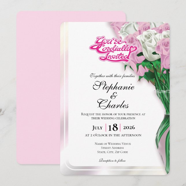 Pink Rose Wedding Invite - Pink Heading #1 (Front/Back)