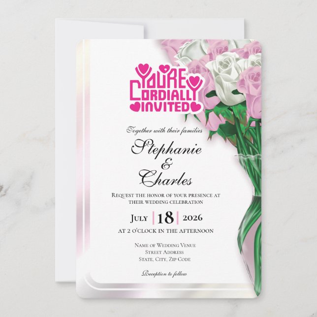 Pink Rose Wedding Invite - Pink Heading #4 (Front)