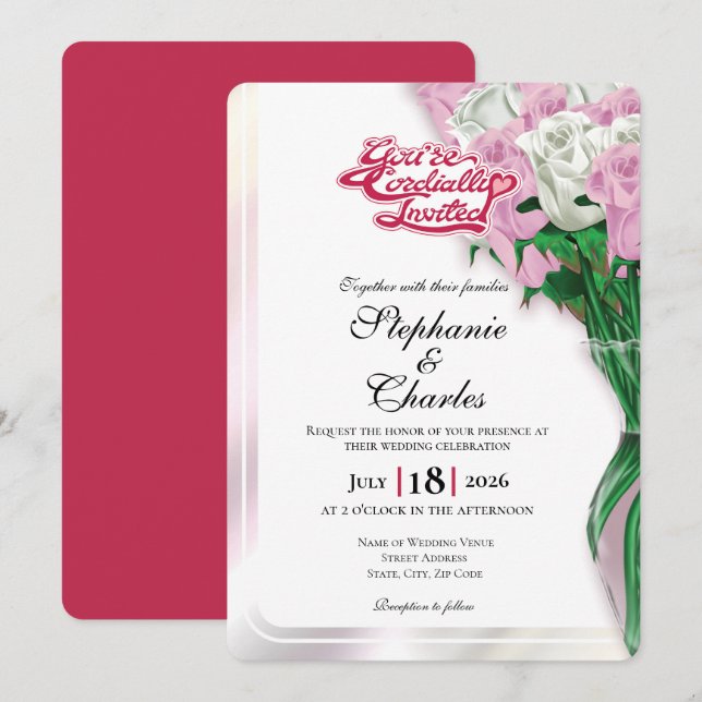 Pink Rose Wedding Invite - Red Heading #1 (Front/Back)