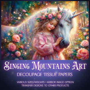 Pink Rose Whimsy Unicorn And Girl Decoupage Tissue Paper