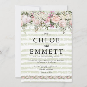 Pink Rose White Hydrangea Green Striped Wedding Invitation