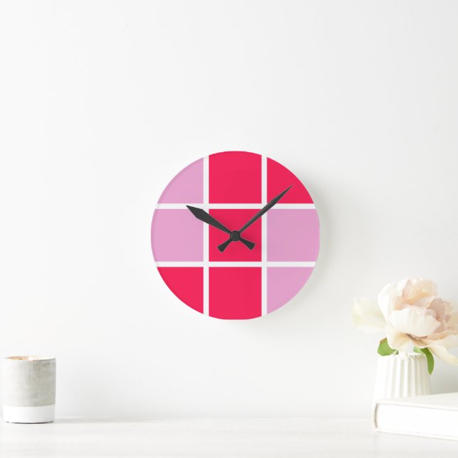 Pink rose white lines squares geometric round clock (Home)