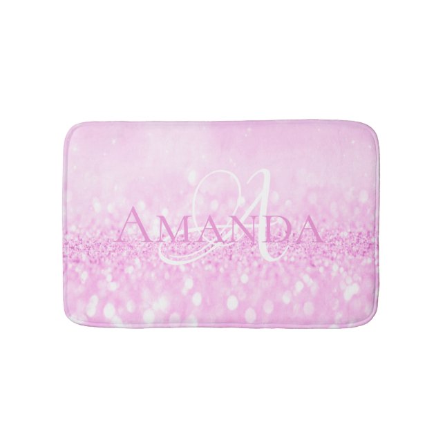 Pink Rose White Pastel Glitter Name Monogram Bath Mat (Front)