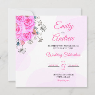 Pink Rose Wildflower Watercolor Square Wedding Invitation