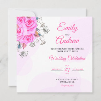 Pink Rose Wildflower Watercolor Square Wedding Invitation