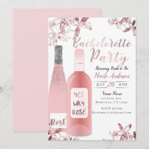 Pink Rosè Wine & Orchid Flowers Bachelorette Party Invitation
