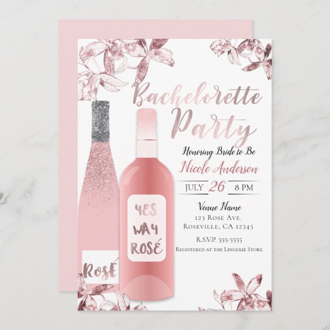 Pink Rosè Wine & Orchid Flowers Bachelorette Party Invitation (Front/Back)