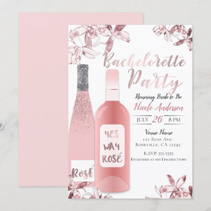 Pink Rosè Wine & Orchid Flowers Bachelorette Party Invitation