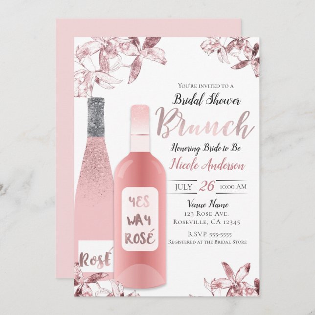 Pink Rosè Wine & Orchid Flowers Brunch Breakfast Invitation (Front/Back)