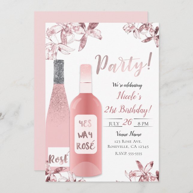 Pink Rosè Wine & Orchid Flowers Party Celebration Invitation (Front/Back)